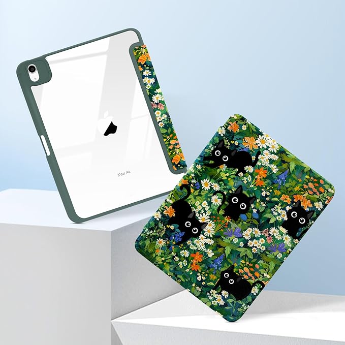 MrARTIST for iPad Air 11 Inch Case M3/M2 - Air 5th/4th Generation 10.9" Cute Women Girls Girly Kawaii Aesthetic Kawaii Flowers Design for Apple Air Tablet Cover with Pencil Holder, Cat Garden