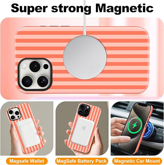 Magnetic for iPhone 15 Pro Case Cute Stripes Phone Case, Shockproof Slim TPU and Hard PC Protective Phone Cover Compatible with MagSafe Designed for Women Girls, Deep Orange