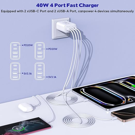 10FT iPhone 17 16 15 Pro Charger,2Pack 10Foot USB C to C Woven Cable Cord 40W USB C Apple Charger 4 Port PD&AC Charge Block Fast Charging for iPhone 17 Air/17 16 15 Pro Max/16e/16 Plus/15/15 Pro/iPad