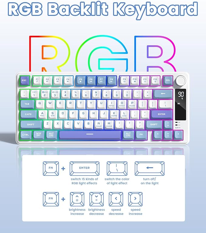 Womier DK75 75% Wireless Gaming Keyboard, RGB Backlit Creamy Keyboard with Multifunction Knob & Screen, Tri-Mode 2.4GHz/USB-C/BT5.0, Anti-Ghosting No-Conflict Silent Membrane Keyboard for MAC Windows