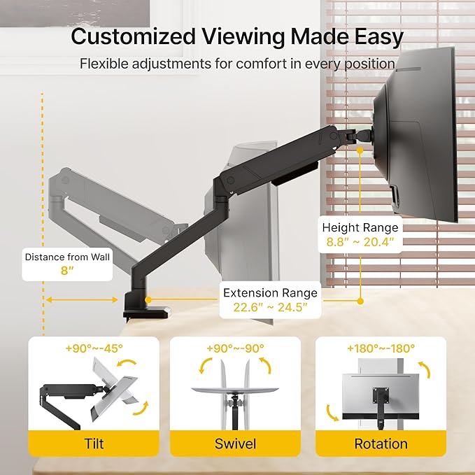 monTEK Single Monitor Arm with USB for Max 45 Inch Ultrawide Screens Adjustable Monitor Desk Mount Holds 35 Lbs Cable Management with C Clamp/Grommet Desk Mount, VESA 75/100mm