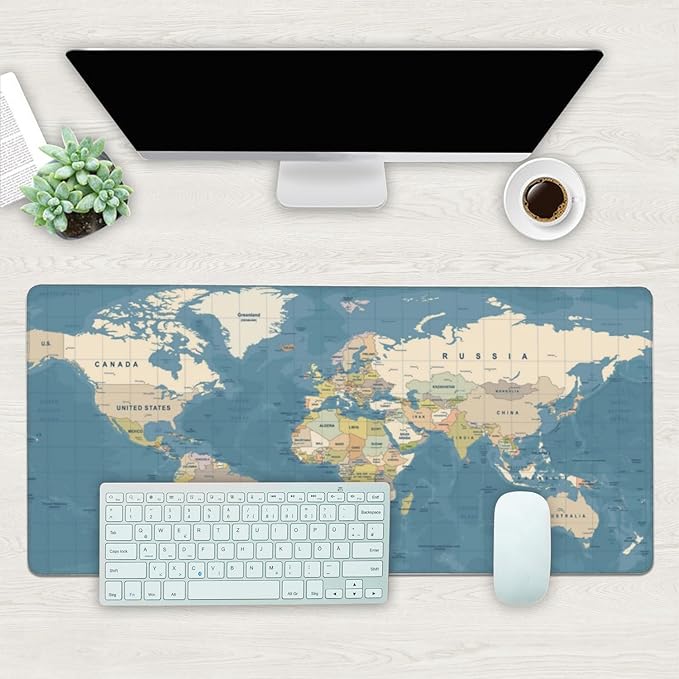 Desk Mat, Blue Vintage World Map Extended Gaming Mouse Pad Large, 35.4"x15.7" Big Mouse Pad with Non-Slip Base and Stitched Edge, Long Computer Keyboard Mouse Mat for Home Office Work