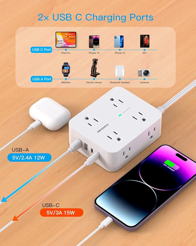 Extension Cord 10 Ft, Ultra Thin Flat Plug Power Strip Surge Protector with 8 Outlets 4 USB Ports (2 USB C), HANYCONY Outlet Extender Desk Charging Station for Home Office Dorm Room Essentials