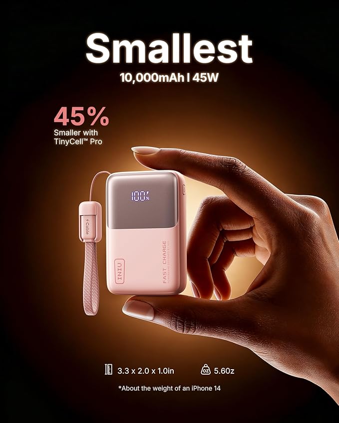 INIU Portable Charger, Ultra Mini 10000mAh 45W Fast Charging Power Bank, USB C Battery Pack with Cable, Flight-Safe Travel Powerbank for Women, Influencer, Student, Young People,Travel, Light Pink