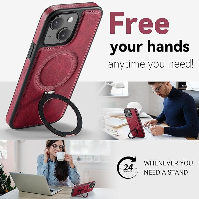 for iPhone 15 Plus Case with Stand, Compatible with MagSafe, Slim PU Leather & Durable TPU Protective Magnetic Kickstand Cover Drop-Proof with Tempered Glass Screen Protector 6.7", Red