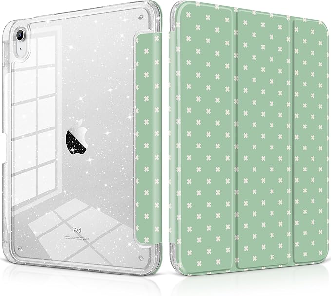 DONGKE for iPad Pro 11 inch Case – Fits M5 2025 / M4 2024, Shockproof Sparkling Glitter Acrylic Back, Pencil Holder, Trifold Stand, Auto Sleep/Wake & Touch ID Support - Green Cross Dot
