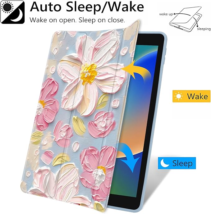 JOYLAND Texture Painting Flower Case for iPad Pro 11-inch (M4) 2024 5th Generation,Clear Acrylic Hard Back Case with Pencil Holder Trifold Stand Tablet Cover (Model Number:A2836/A2837/A3006)