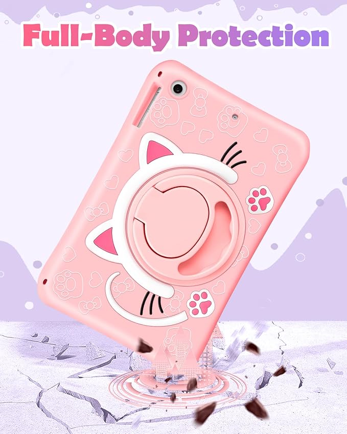 Wazzasoft Case for iPad 5th Generation 9.7 Inch, Tablet Cover for Air 1st Pro 9.7 Cute Cat 3D Cartoon Kitten with Rotating Handle Stand & Strap Silicone Funda for iPad 5th Gen