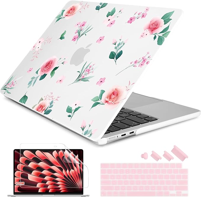 Batianda Premium Case for New MacBook Air 15 inch with M5 M4 M3 M2 Chip 2026 2025 2024 2023 Release, Floral Ultra-Slim 1.2mm Hardshell & Keyboard Cover & Screen Protector 4-in-1 Bundle, Pink Rose