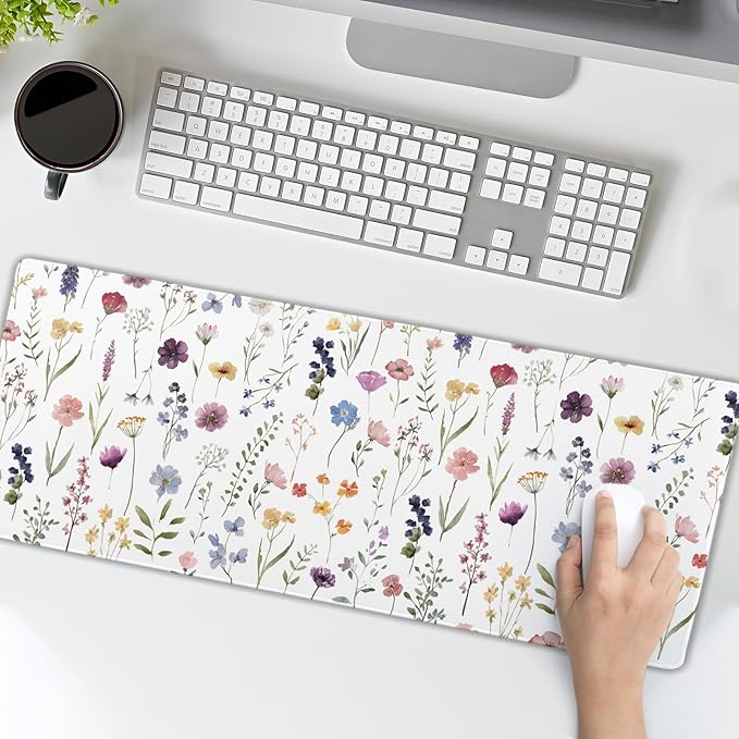 Floral Desk Mat Large Extend Mouse Pad XXL Beige Boho Desk Pad 35.4x15.7 Inch Cute Minimalist Flowers Mouse Pads Flowers Esthetics Computer Laptop Mouse Mat Non-Slip for Home Office Desktop Decor