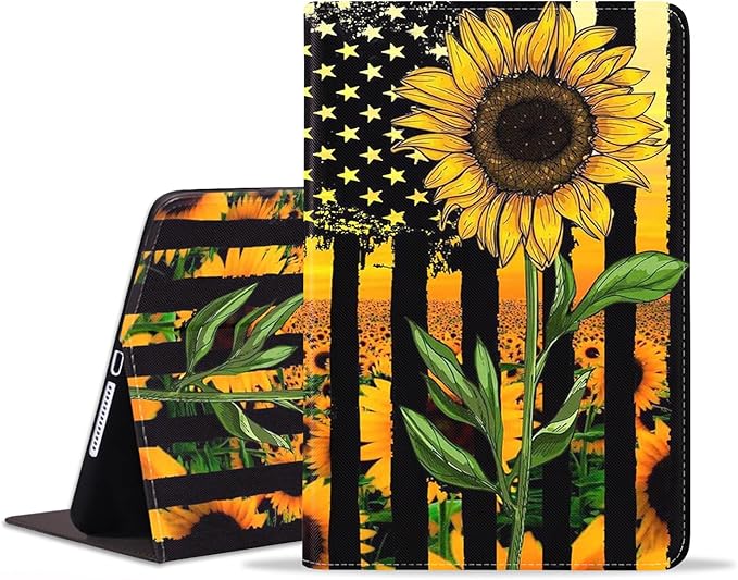 WEUIUJKILO Case for iPad (A16) 11th Generation 11 Inch 2025, iPad 10th Generation 10.9 Inch 2022, Slim PU Leather Folding Stand Smart Cover with Auto Sleep/Wake, American Flag and Sunflower