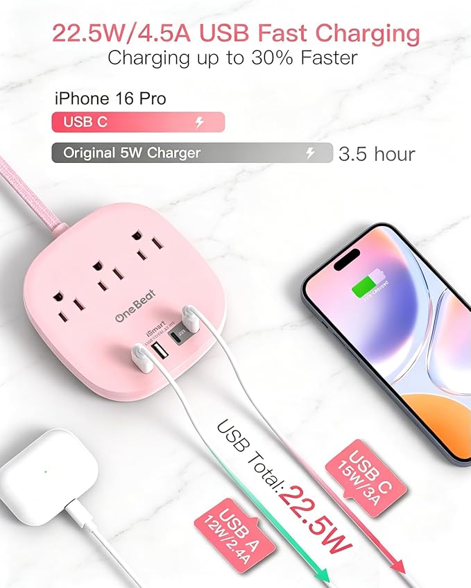 Cruise Ship Travel Essentials, 22.5W/4.5A Flat Plug Power Strip, 10Ft Long Extension Cord, 3 Outlets 4 USB Ports (2 USB C) Cruise Approved Power Strip No Surge Protection, USB Charging Station, Pink