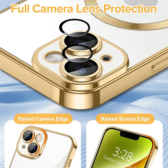 Hython Magnetic Clear for iPhone 14 Case with Camera Lens Protector [Compatible with MagSafe] Luxury Plating Edge Slim Soft TPU Cover Protective Phone Case for iPhone 14 6.1", Gold