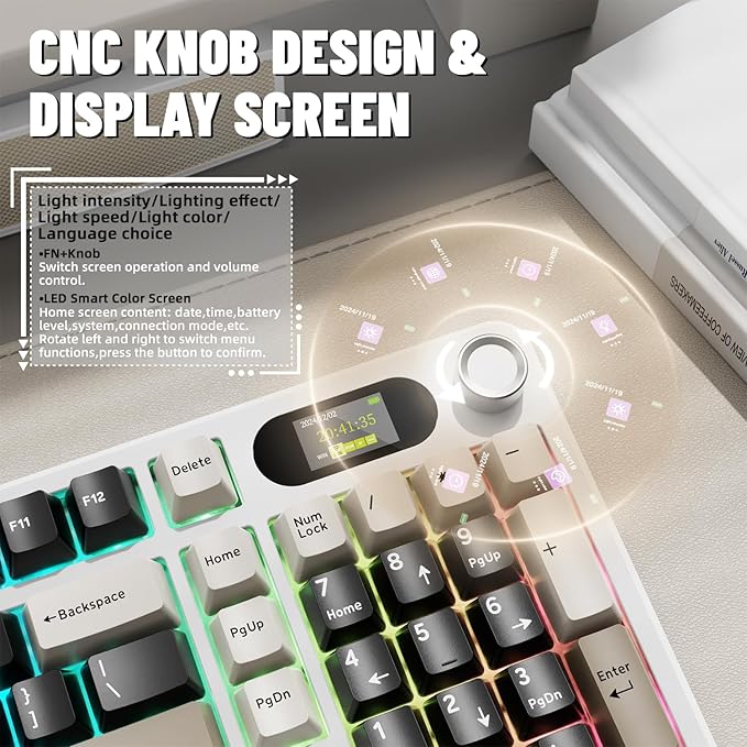 ATTACK SHARK X98PRO Wireless Mechanical Keyboard,Multi-Function Knob&TFT Screen,Tri-Mode BT/2.4GHz/USB-C Keyboard,Hot-Swappable RGB Backlit,4000mAh 98 Keys,Cloud Drive,for Win/Mac/Linux-Creamy White