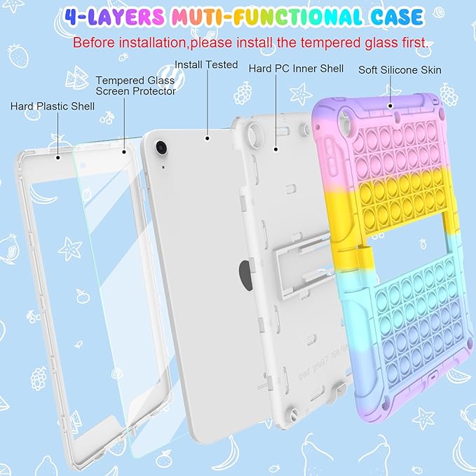 TSQQST iPad 5th/6th Generation Case Pink Purple for Kids Girls with Glass Screen Protector 2017 2018 | iPad Air 2 Case w/Stand+Strap+Pencil Holder | Shockprooof Case for iPad Pro 9.7 Inch | Colorful