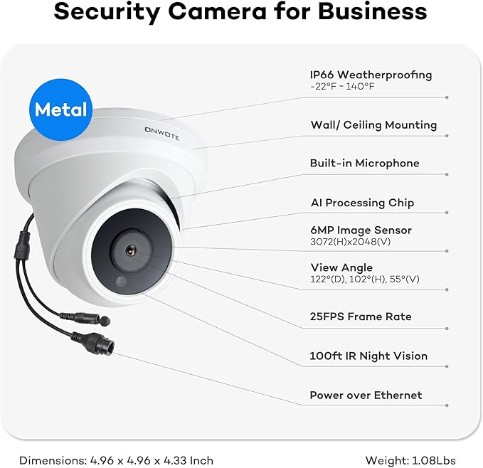 ONWOTE 6MP Super HD PoE IP Security Camera with Audio, AI Human Vehicle Detection, 3072x2048 6 Megapixels, 122° FoV, Indoor/Outdoor Commercial Wired Camera for Business, Add-on to PoE NVR System