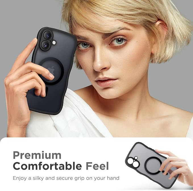 CAPRARO for iPhone 16 Case for Women Girls, Upgraded [Full Camera Protection] [Compatible with MagSafe] Cute Wave Translucent Matte Phone Case for iPhone 16, Black