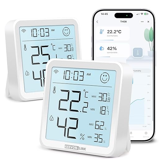 2Pack Indoor Hygrometer Thermometer, Bluetooth WiFi Humidity Temperature Gauge with Large LCD Display, Notification Alert with Max Min Records, Data Storage Export for Room Greenhouse
