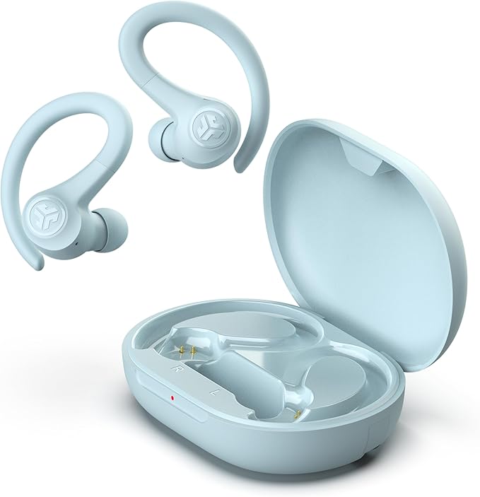 JLab Go Sport+ Wireless Workout Earbuds with C3 Clear Calling, Secure Earhook Sport Design, 35+ Hour Bluetooth Playtime, 3 EQ Sound Settings, Light Blue