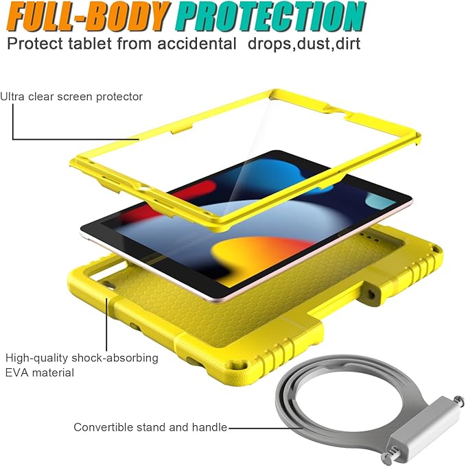 Kids Case for iPad (A16) 11th Generation 11 Inch 2025 & iPad 10th Generation 10.9 Inch 2022, Lightweight Shockproof Kids-Friendly Case Built-in Screen Protector with Handle Stand, Yellow