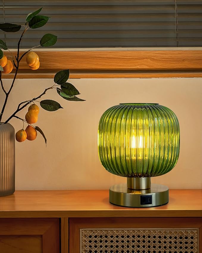 Elenhome Big Touch Table Lamp,Elegant Green Glass Bedside Lamp 3 Way Dimmable with USB C+A Charging Ports - Bedroom Nightstand & Living Room Essential, 4W Bulb Included (Green)