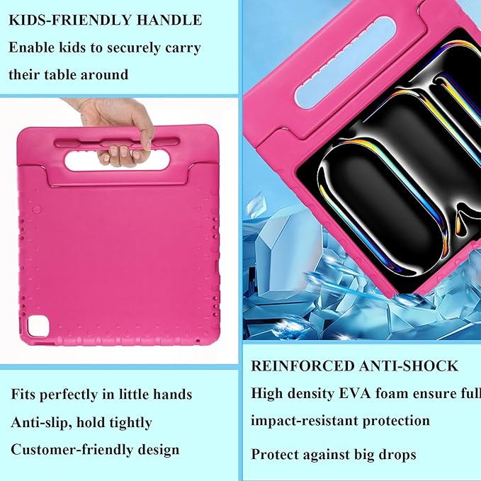 Kids Case for iPad Air 13-inch M3/M2 & iPad Pro 13 inch Case M5/M4 (2025/2024) with Pencil Holder/Kickstand Lightweight Convertible Handle Stand EVA Shockproof Rugged Protective Cover, Rose