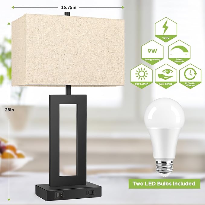 TOBUSA 28’’ Tall Lamps for Living Rooms Set of 2, Modern Black Touch Control Table Lamps for Bedroom, 3 Way Dimmable Bedside Lamps with 2 USB Ports&AC Outlet, High-end Decor Lamp for Home Office