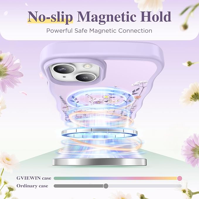 GVIEWIN Cute for iPhone 14 Case & iPhone 13 Case [Compatible with MagSafe] [Curly Wave Edge] Floral Translucent Magnetic Shockproof Protective Phone Cover for iPhone 14/13 6.1'', Floratopia/Colorful