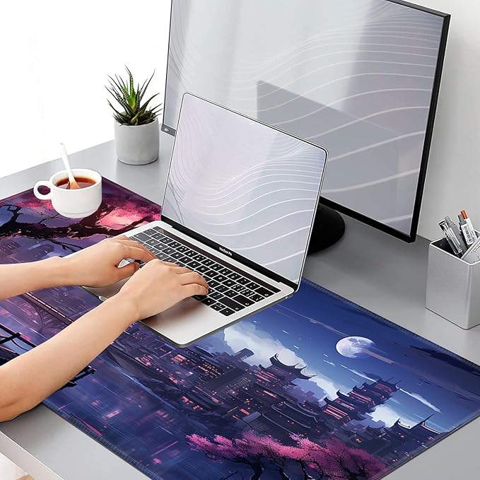 Gaming Mouse Pad, Keyboard Mouse Pad 31.5x15.7 inch XXL Large Computer Laptop Cool Desk Mat with Non-Slip Rubber Base and Stitched Edge for Home Office Work, Japanese Night View Cherry