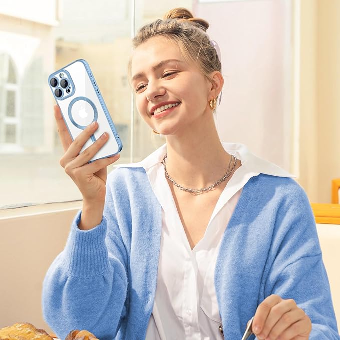 Hython Magnetic Clear for iPhone 16 Pro Case with Camera Lens Protector [Compatible with MagSafe] Luxury Plating Edge Slim Soft TPU Cover Protective Phone Case for iPhone 16 Pro, Matte Light Blue
