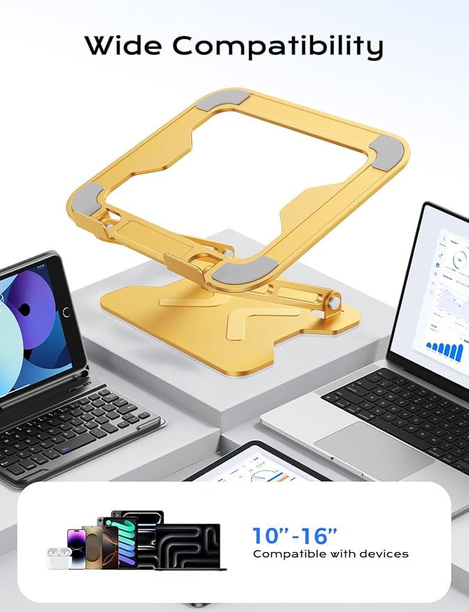 JCZT Adjustable Laptop Stand for Desk, Metal Foldable Laptop Riser, Portable Laptop Holder Mount, Ventilated Cooling Computer Notebook Stand for MacBook Air Pro, All 10-16'' Notebooks Laptops, Gold