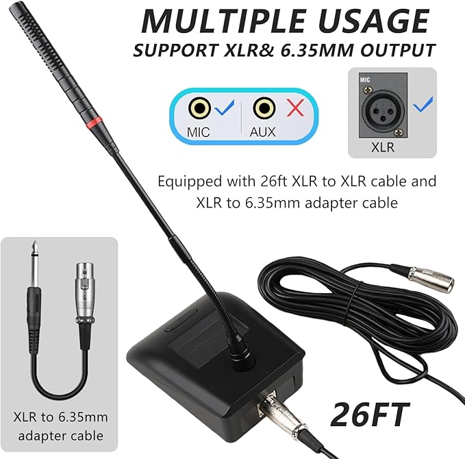 Desktop Gooseneck Conference Microphone Wired with 48V Phantom. Table Mounted Corded Condenser XLR Microphone with 26ft XLR Male to Female Cable and 6.35mm Adapter Cable for Speake, Studio, Recording