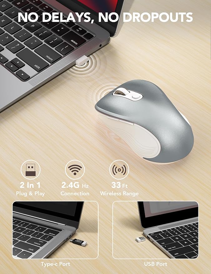 Trueque Wireless Mouse for Laptop, 2.4GHz Ergonomic Computer Mouse with Back & Forward Buttons, 3 Adjustable DPI Levels, 6 Buttons, Optical USB Cordless Mice for Windows PC, M01 (Silver Grey)