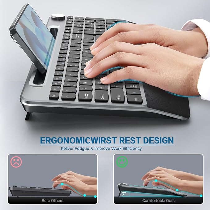 GAMCATZ Ergonomic Wireless Keyboard with Wrist Rest-Low-Profile,Phone/Tablet Holder,Quiet Design，Windows & Mac OS，Full Size Cordless USB Computer Keyboard for Desktop,Laptop, PC, Mac, Windows-Black