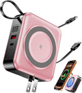 for Magsafe Portable Charger with Built-in Cables and AC Wall Plug, 10000mAh Magnetic Wireless Power Bank 22.5W Type-C in & Out Fast Charging Battery Pack for iPhone 17/16/15/14/13/12 Series, Pink