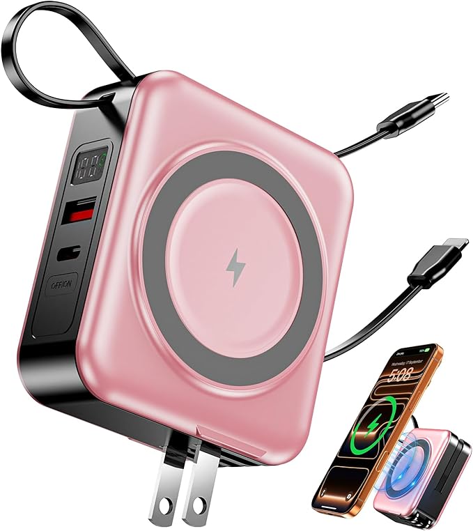 for Magsafe Portable Charger with Built-in Cables and AC Wall Plug, 10000mAh Magnetic Wireless Power Bank 22.5W Type-C in & Out Fast Charging Battery Pack for iPhone 17/16/15/14/13/12 Series, Pink
