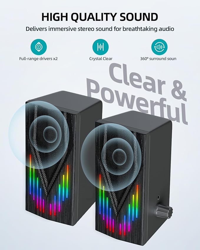 Uakinat Computer Speakers with 6 Colorful RGB Lights,USB Powered 3.5mm Aux with Loud Stereo Sound,Headphone-in for Desktop,PC/Laptop/Tablet Phone
