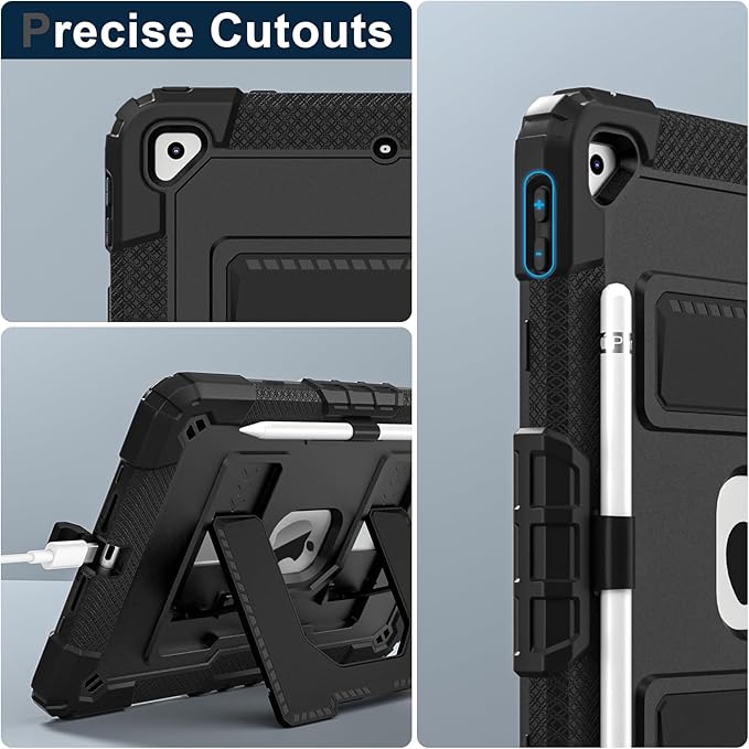 Kids Friendly Case for Apple iPad 10.2" 9th 8th 7th Generation 2021/2020/2019 Case with Pencil Holder & Shoulder Strap, Military Grade Shockproof Kickstand Hard Shell Protective Cover,Black