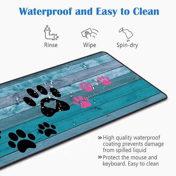 Extended Gaming Mouse Pad with Stitched Edges, Large Anti-Slip Mouse Pad (31.5x11.8 Inches) Desk Pad Keyboard Pad + Coaster for Work/Gamer/Home, Black and Pink Dog Paw Prints