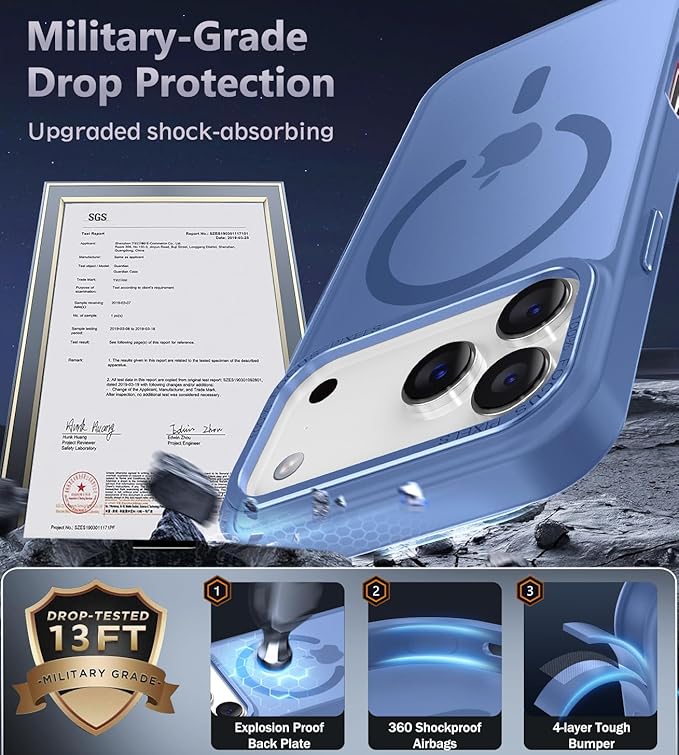 Newfuture Magnetic for iPhone 17 Pro Max Case [Compatible with Magsafe] [Military Grade Drop Protection] Translucent Matte Anti-Scratch Shockproof Protective Phone Cover 6.9 Inch, Light Blue