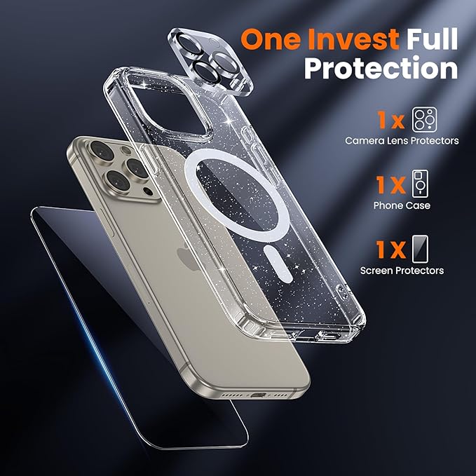 toushion 3 in 1 for iPhone 15 Pro Case Clear with MagSafe, Not Yellowing, Screen Protector*1 Camera Lens Protector*1, Military-Grade Protection for iPhone 15 Pro Phone Case 6.1 inch Clear Glitter