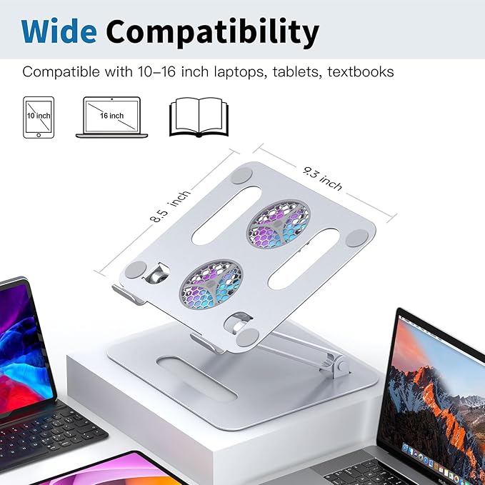 YICOSUN Adjustable Laptop Cooling Stand with 2 Quiet Fans & RGB Lighting, Aluminum Alloy & Foldable Ergonomic Design for MacBook, Lenovo, ASUS, Dell 10-16 Inch, Perfect for Gaming, DJ, Office - Silver