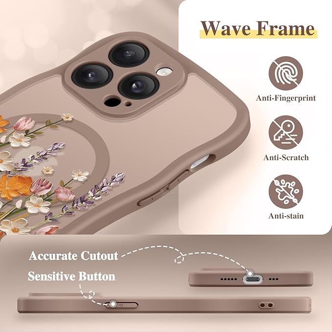 GVIEWIN for iPhone 14 Pro Case Compatible with MagSafe [Curly Wave Edge][Full Camera Protection] Floral Translucent Shockproof Magnetic Women Phone Case for 14 Pro, Primrose/Brown