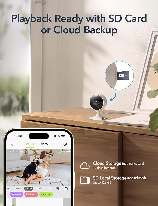 GNCC 2.4GHz Indoor Security Camera, 1080P Home Camera for Pet Monitoring, Motion Detection, Two-Way Audio, IR Night Vision, Easy Install, Cloud Storage Subscription Required, No 5GHz Support(1-Pack)
