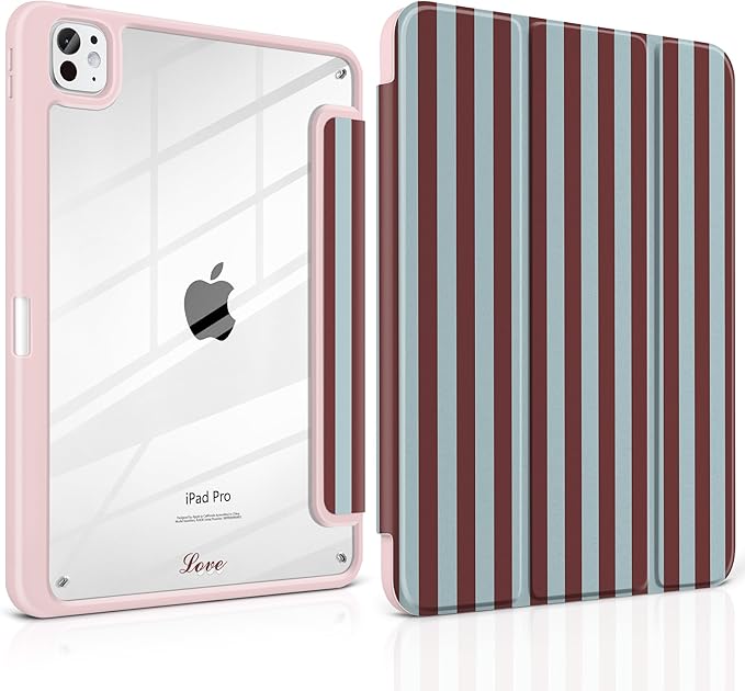 TWOLSKOO Case for iPad Pro 11-inch (M5 2025 / M4 2024), Clear Acrylic Back with TPU Bumper, Pencil Holder, Trifold Stand, Auto Sleep/Wake, Burgundy Stripes
