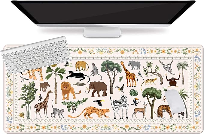 L-SPOUTTO Jungle Animal Desk Mat for Keyboard and Mouse,XXL Large Mouse Pad Non-Slip Keyboard Pad Waterproof Desktop Mat for Laptop Computer Work Game Home Office-Ivory/Beige