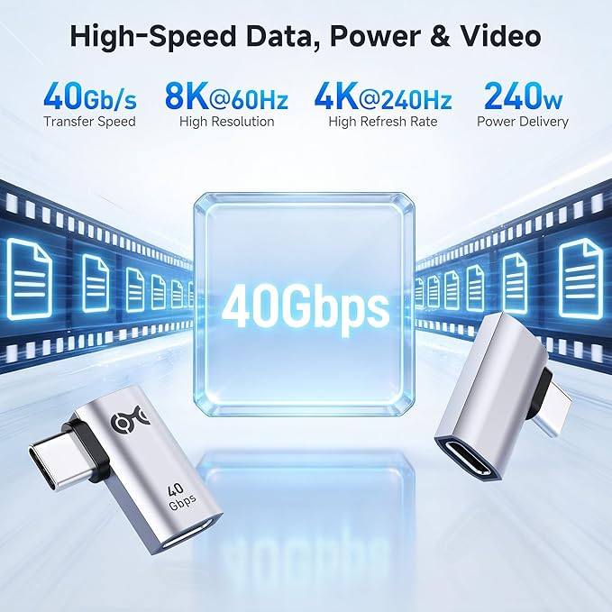 Cable Matters 2-Pack 40Gbps Flat Right Angle USB C Adapter, Up to [4K@240Hz Video, 240W Charging, 40Gbps Data Transfer] 90 Degree USB C Adapter, Compatible with Thunderbolt 4, iPhone 16, Steam Deck