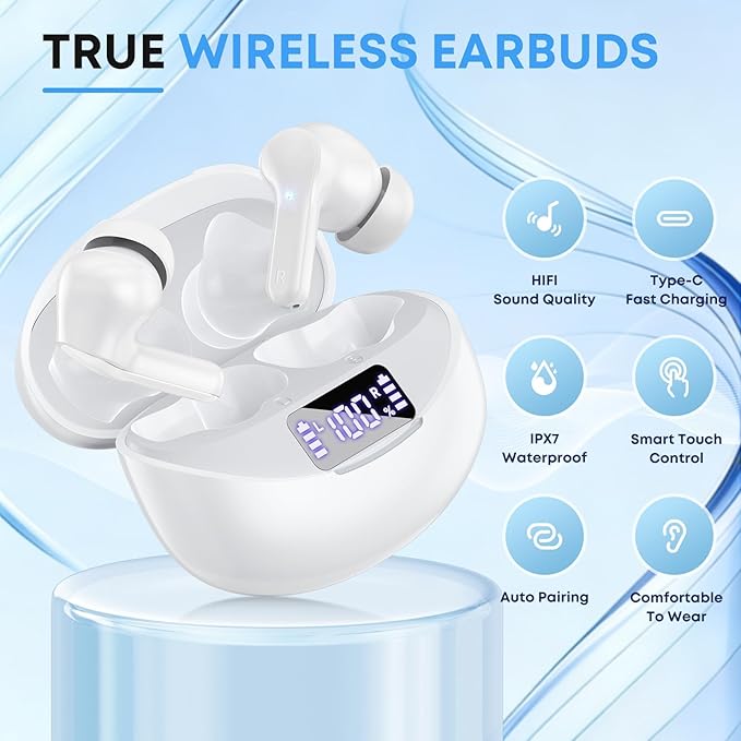 Wireless Earbuds, Bluetooth 5.4 HiFi Stereo Headphones with Noise Cancelling Mic, 50H Playback in Ear Buds with LED Digital Display, IPX7 Waterproof Earphones for Office/Running/Workout White