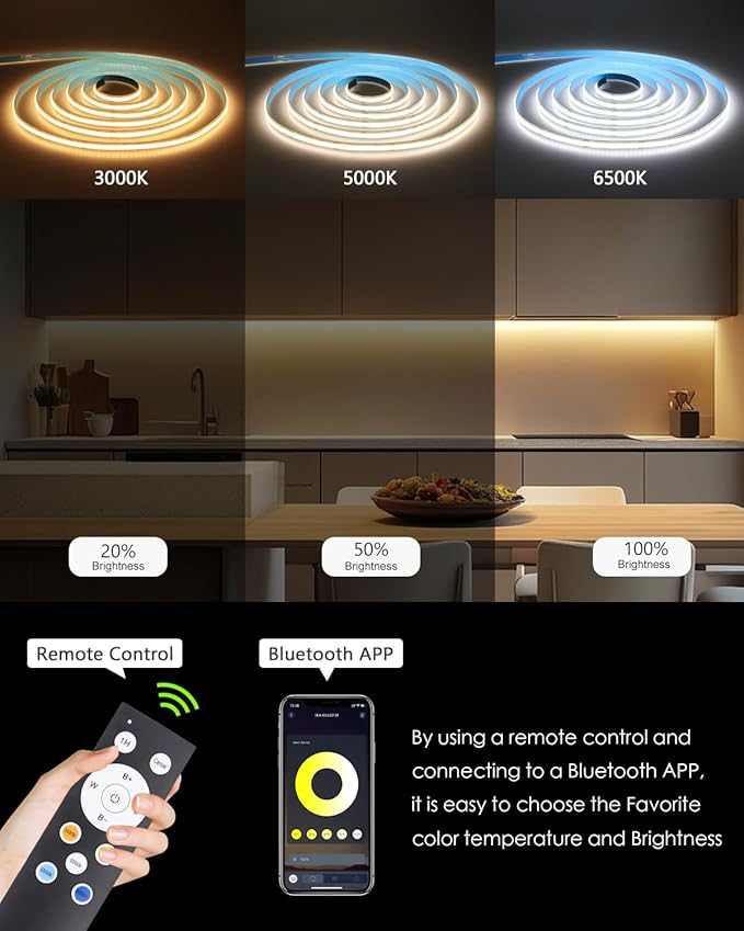 24V CCT COB LED Strip Light for Bedroom Tunable White 3000-6500K 32.8ft/10M Bluetooth App Control Led Tape Lights with Remote Self-Adhesive 480LED/M Light Strips for Under Cabinet(Include Power Supply