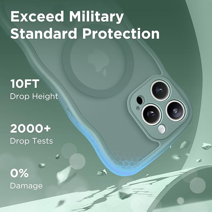 CAPRARO Cute for iPhone 15 Pro Max Case, Compatible with MagSafe, [Curly Wave Edge] [Full Camera Protection] [14 FT Drop Protection] Magnetic Phone Case for 15 Pro Max 6.7 Inch, Midnight Green